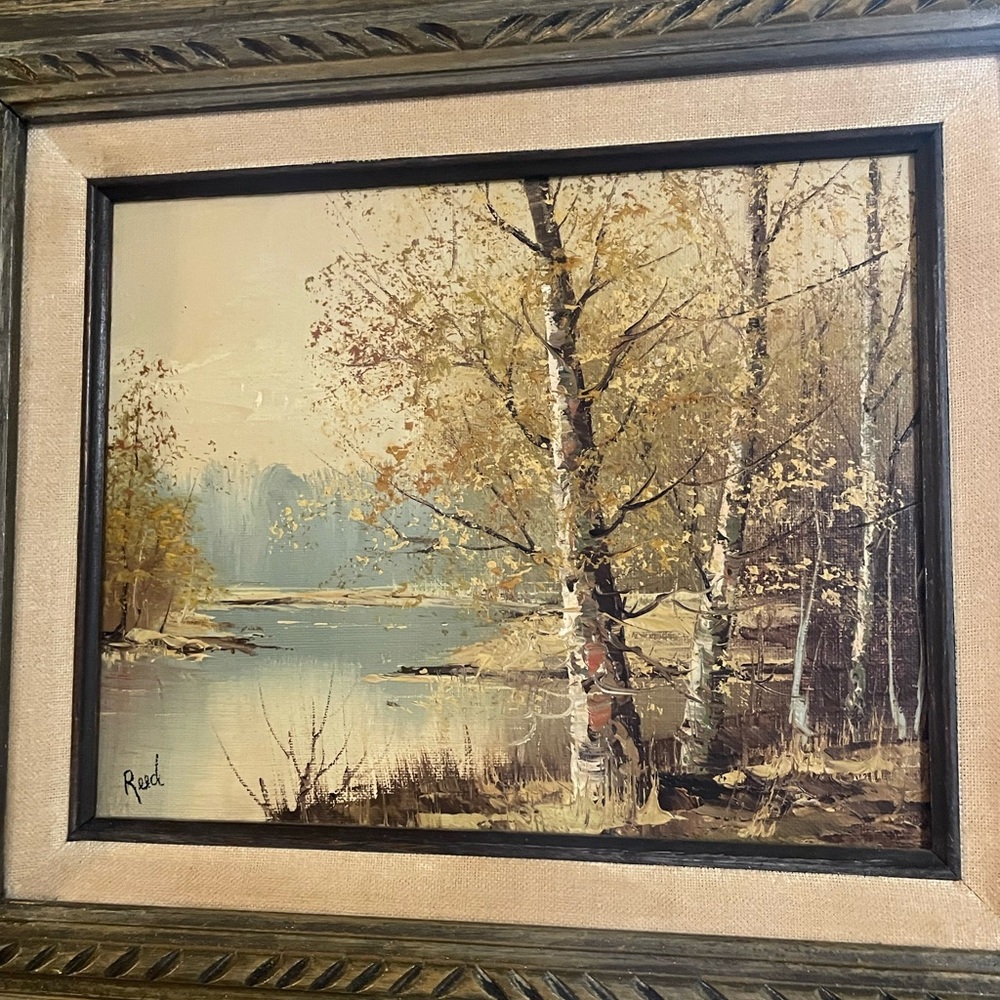 Hand painted tree&riverscapes. Signed by Reed artist. Great for a gallery wall